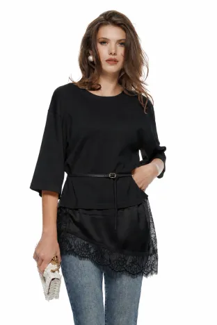 Bluza dama tricotata neagra din vascoza cu insertii satinate dantela si curea