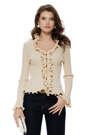 Bluza eleganta din vascoza premium bej cu volane spiralate