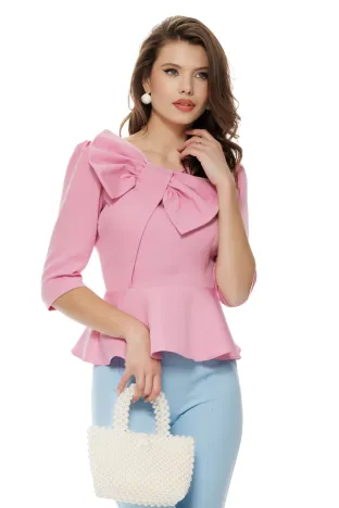 Bluză Fofy roz eleganta cu peplum si funda inserata