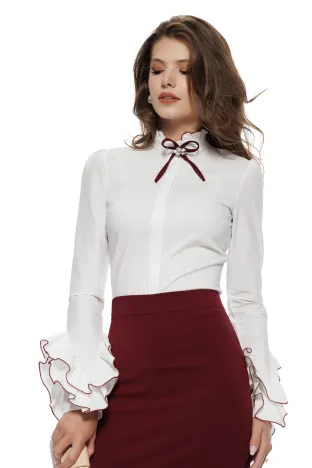 Camasa dama Fofy alba premium cu maneci elaborate conturate cu surje bordo