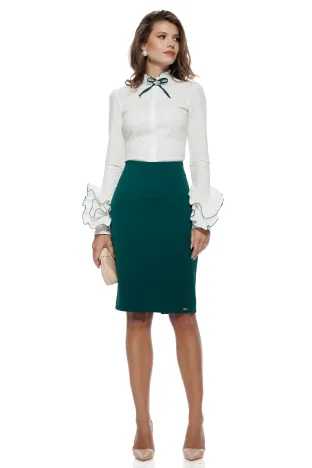 Camasa dama Fofy alba premium cu maneci elaborate conturate cu surje verde