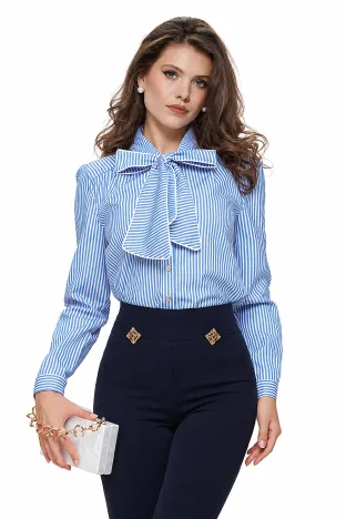 Camasa dama office Fofy din bumbac albastru cu dungi si funda maxi