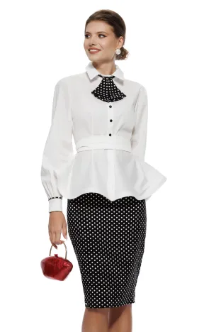Camasa Fofy eleganta alba cu nasturi negrii, peplum, cordon si jabou detasabil cu buline