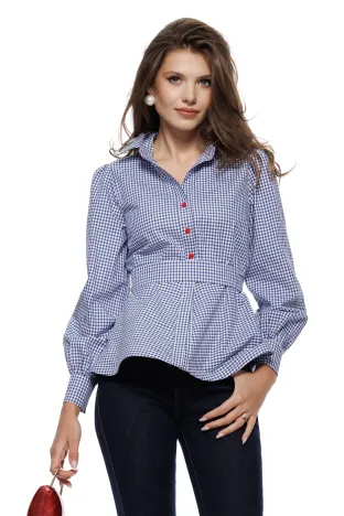 Camasa Fofy eleganta albastra in carouri fine cu nasturi rosii, peplum si cordon detasabil