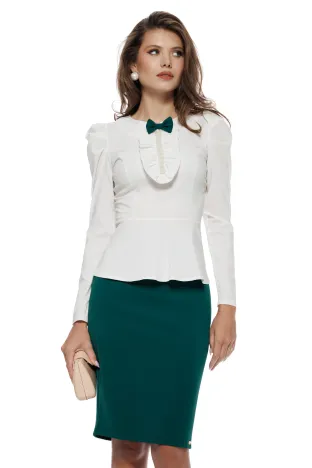 Camasa premium Fofy dama alba cu jabou cu perle si funda detasabila verde