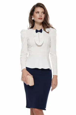Camasa premium Fofy dama ecru cu jabou cu perle si funda detasabila bleumarin
