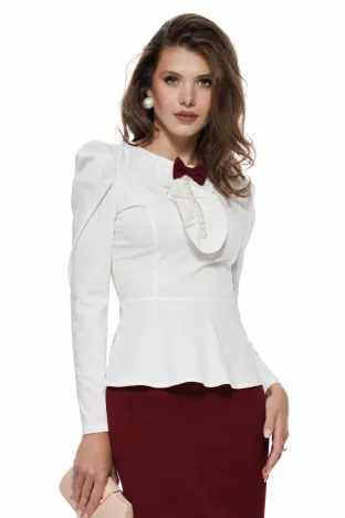 Camasa premium Fofy dama ecru cu jabou cu perle si funda detasabila bordo
