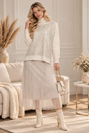 Compleu dama elegant crem cu angora pulover cu paiete si rochie cu fusta de tul plisat