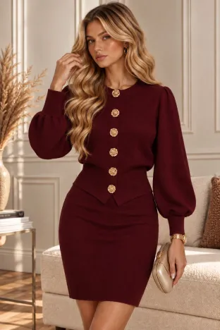 Compleu dama elegant din tricot bordo premium fusta cu jacheta cu capse aurii spectaculoase
