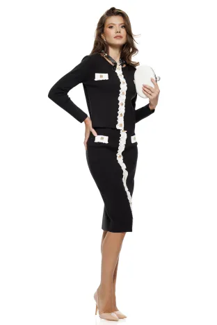 Compleu dama elegant din tricot negru cu insertii albe si nasturi eleganti aurii