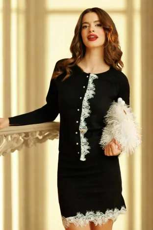 Compleu dama elegant negru premium fusta  si jacheta cu insertii de dantela si nasturi perla