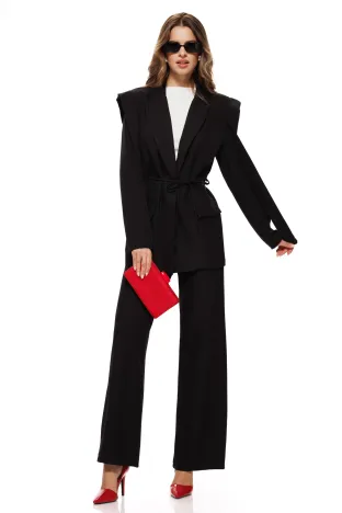 Compleu dama elegant negru sacou cu jnur  revere si pantalon drept cu talie inalta