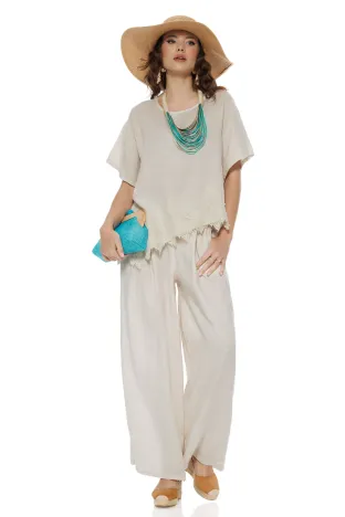 Compleu dama premium bej nature din in 100% supersoft bluza cu insertie de dantela