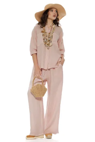 Compleu dama premium roz din in 100% camasa si pantalon