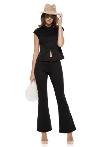 Compleu elegant negru tunica cu ceaprazuri si pantalon evazat