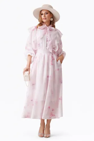 Compleu spectaculos din organza roz fusta midi si bluza cu nasturi cristal