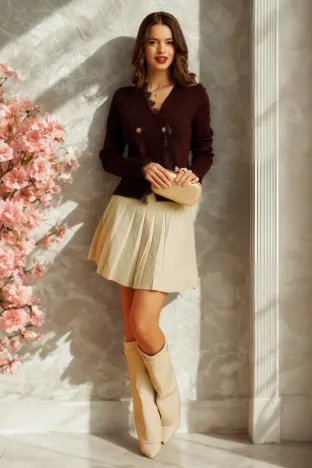 Fusta mini crem cu fir delicat de lurex din tricot premium plisat
