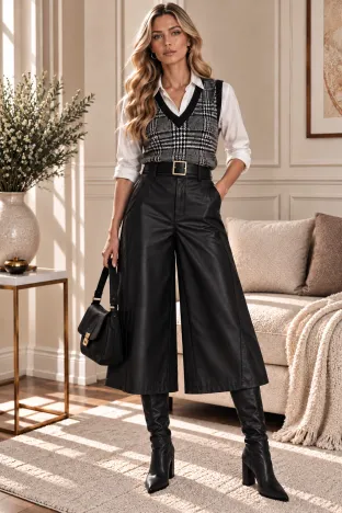 Fusta-pantalon neagra din piele ecologica premium curea inclusa