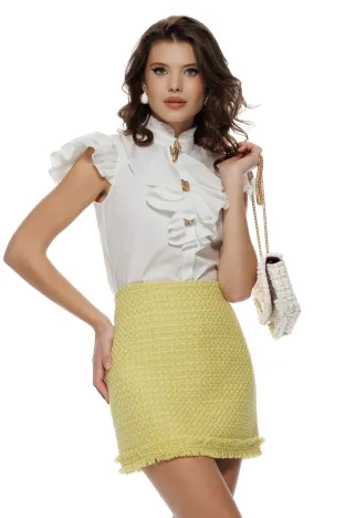 Fusta premium eleganta din tweed lime cu paiete fine si detalii franjurate