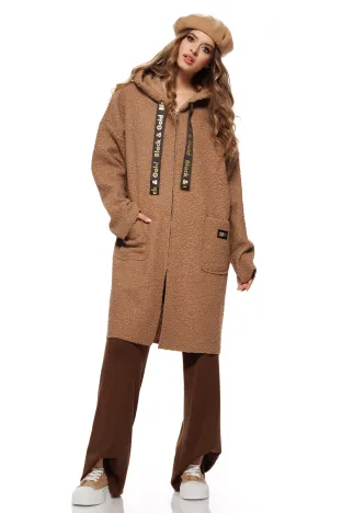 Jacheta dama bej stil palton cu gluga din tricot plusat bumbac cu lana