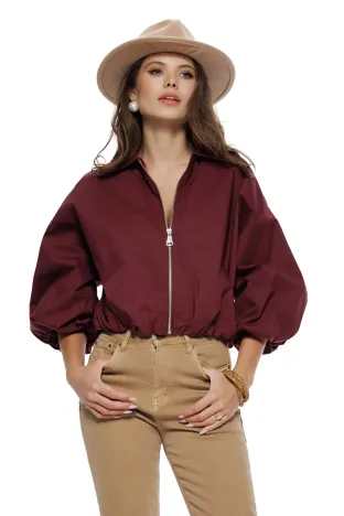 Jacheta dama bomber din bumbac bordo cu fermoar si revere