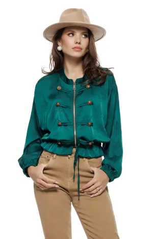 Jacheta dama bomber din satin verde supersoft brademburguri si nasturi militar