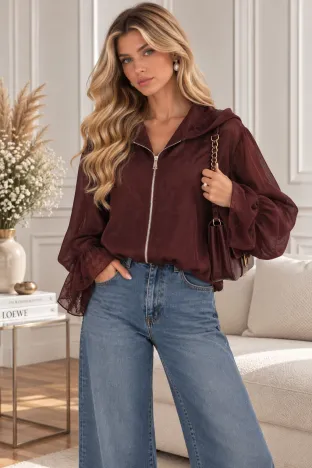 Jacheta dama bordo premium din matase de tencel dublata cu dantela