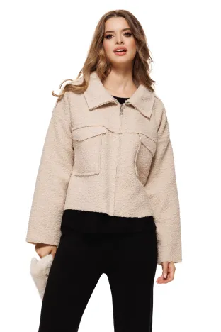 Jacheta dama crem cu buzunare si fermoar din tricot plusat bumbac cu lana