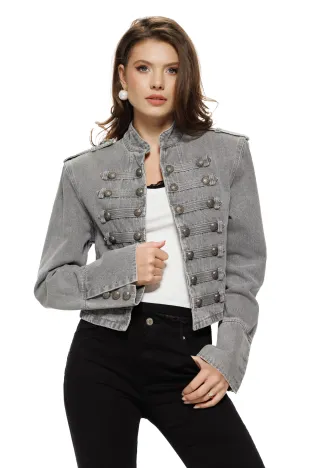 Jacheta dama din denim premium gri cu aplicatii militare