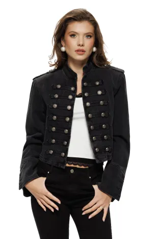 Jacheta dama din denim premium negru cu aplicatii militare