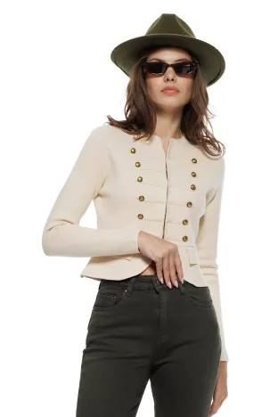 Jacheta dama din tricot premium bej cu peplum si nasturi antique