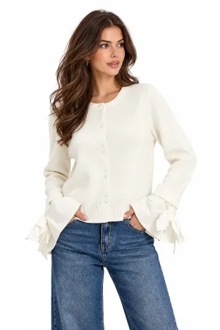 Jacheta dama eleganta alba din tricot premium cu mansete de bumbac cu funde