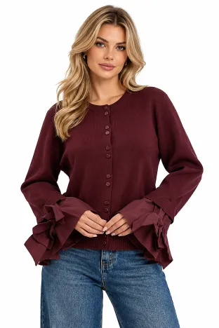 Jacheta dama eleganta bordo pruna din tricot premium cu mansete de bumbac cu funde
