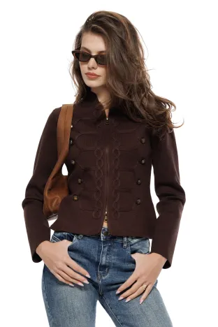 Jacheta dama eleganta din tricot premium maro cu brandemburguri si nasturi metalici