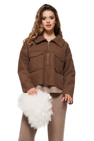 Jacheta dama maro cu buzunare si fermoar din tricot plusat bumbac cu lana