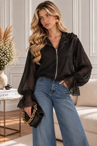 Jacheta dama neagra premium din matase de tencel dublata cu dantela