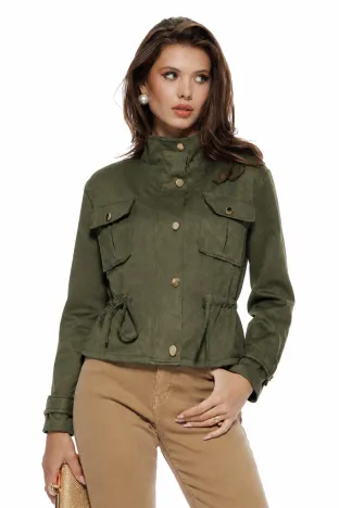 Jacheta dama olive din piele intoarsa eco cu buzunare si snur reglabil in talie
