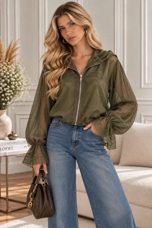 Jacheta dama olive premium din matase de tencel dublata cu dantela
