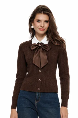 Jacheta dama premium ciocolatie din tricot structurat cu guler alb si funda satinata detasabila