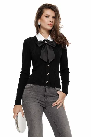 Jacheta dama premium neagra din tricot structurat cu guler alb si funda satinata detasabila