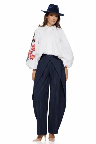 Pantalon damă bleumarin cu dungi fine croi Crossover Balloon