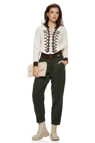 Pantalon dama cu talie inalta din bumbac raiat olive cu dungi fine si curea