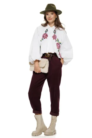 Pantalon dama cu talie inalta din bumbac raiat pruna cu dungi fine si curea