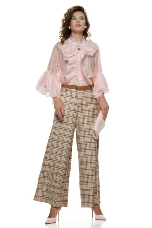 Pantalon dama elegant din stofa premium in carouri bej cu roz si curea