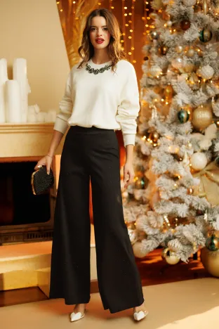 Pantalon dama elegant premium evazat cu talie inalta si strasuri fine