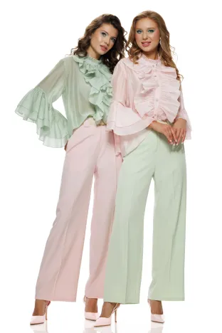 Pantalon dama elegant roz wide cu buzunare si curea