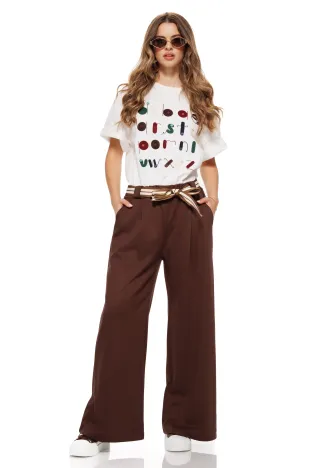 Pantalon dama maro cu buzunare vascoza cu bumbac croi lejer cu cordon bicolor
