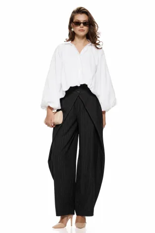 Pantalon damă negri cu dungi fine croi Crossover Balloon