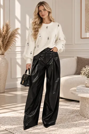 Pantalon damă negri din piele ecologica cu pense ample Crossover Balloon