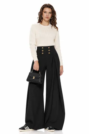 Pantalon dama negru wide cu pense ample si aplicatii militare nasturi cu blazon